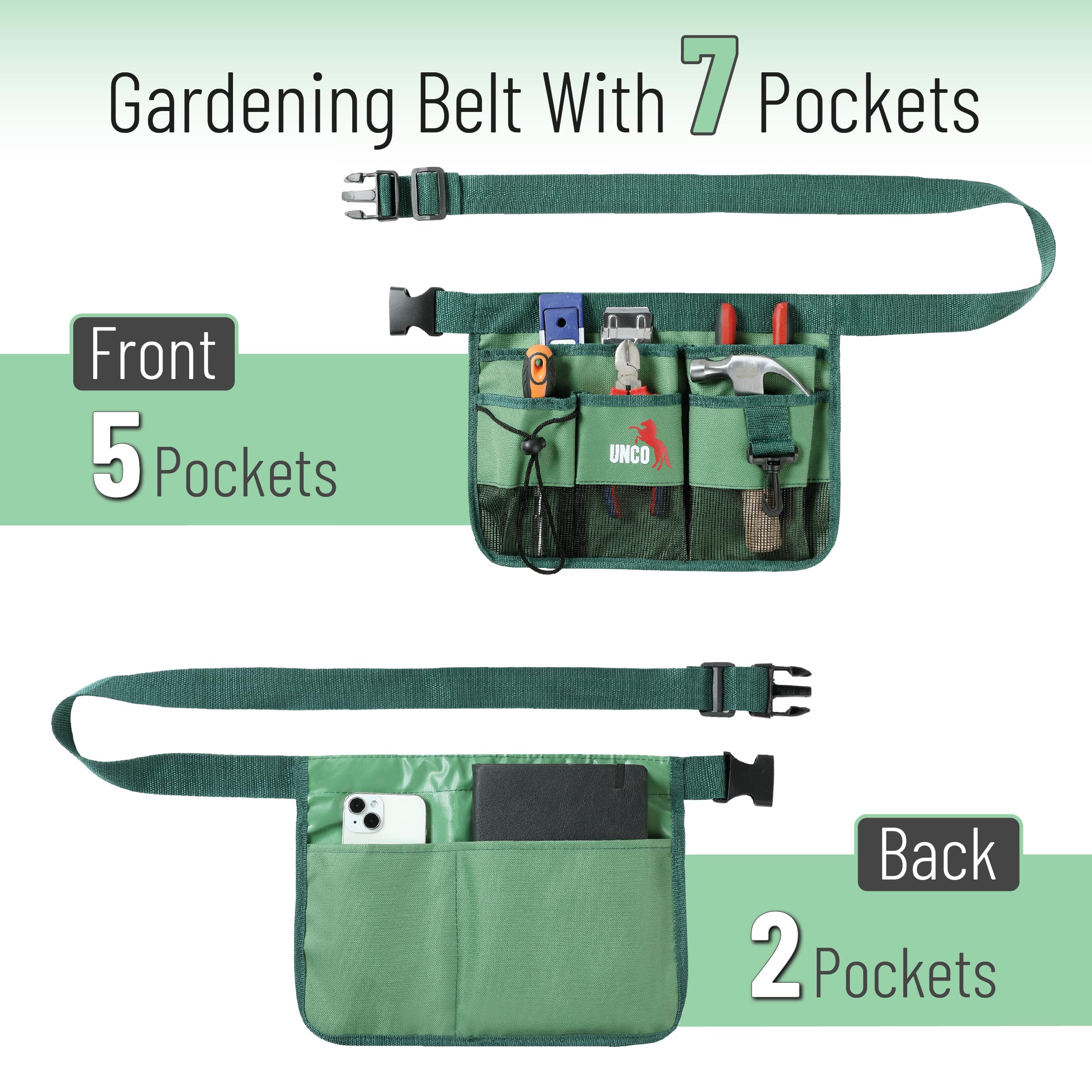 UNCO adjustable waist strap shown for customizable comfort during gardening.
