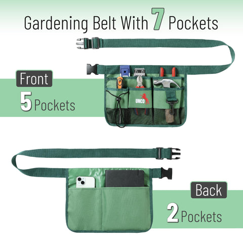 UNCO adjustable waist strap shown for customizable comfort during gardening.