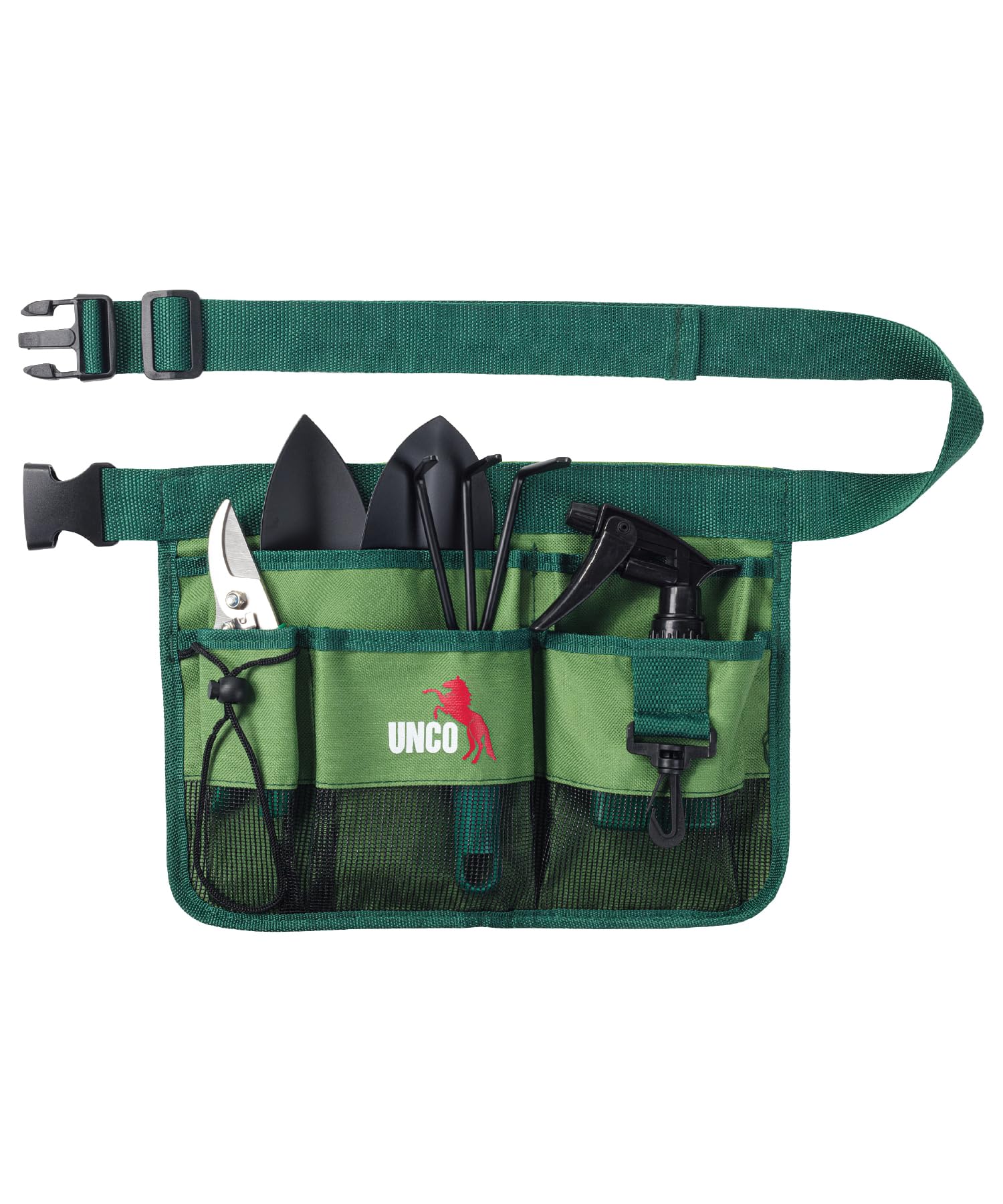 UNCO gardening belt with seven pockets in open view for easy tool access.
