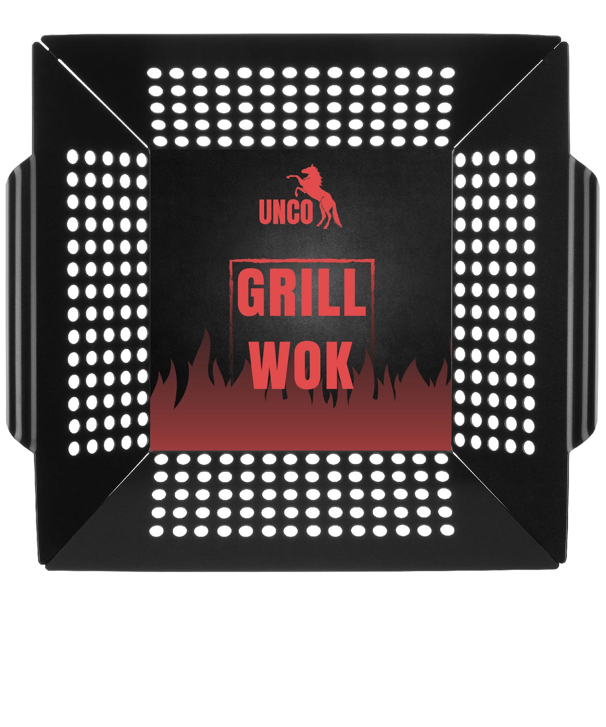 UNCO grill basket top view showing durable stainless steel and perforated design.