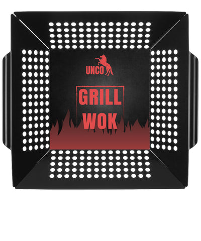 UNCO grill basket top view showing durable stainless steel and perforated design.