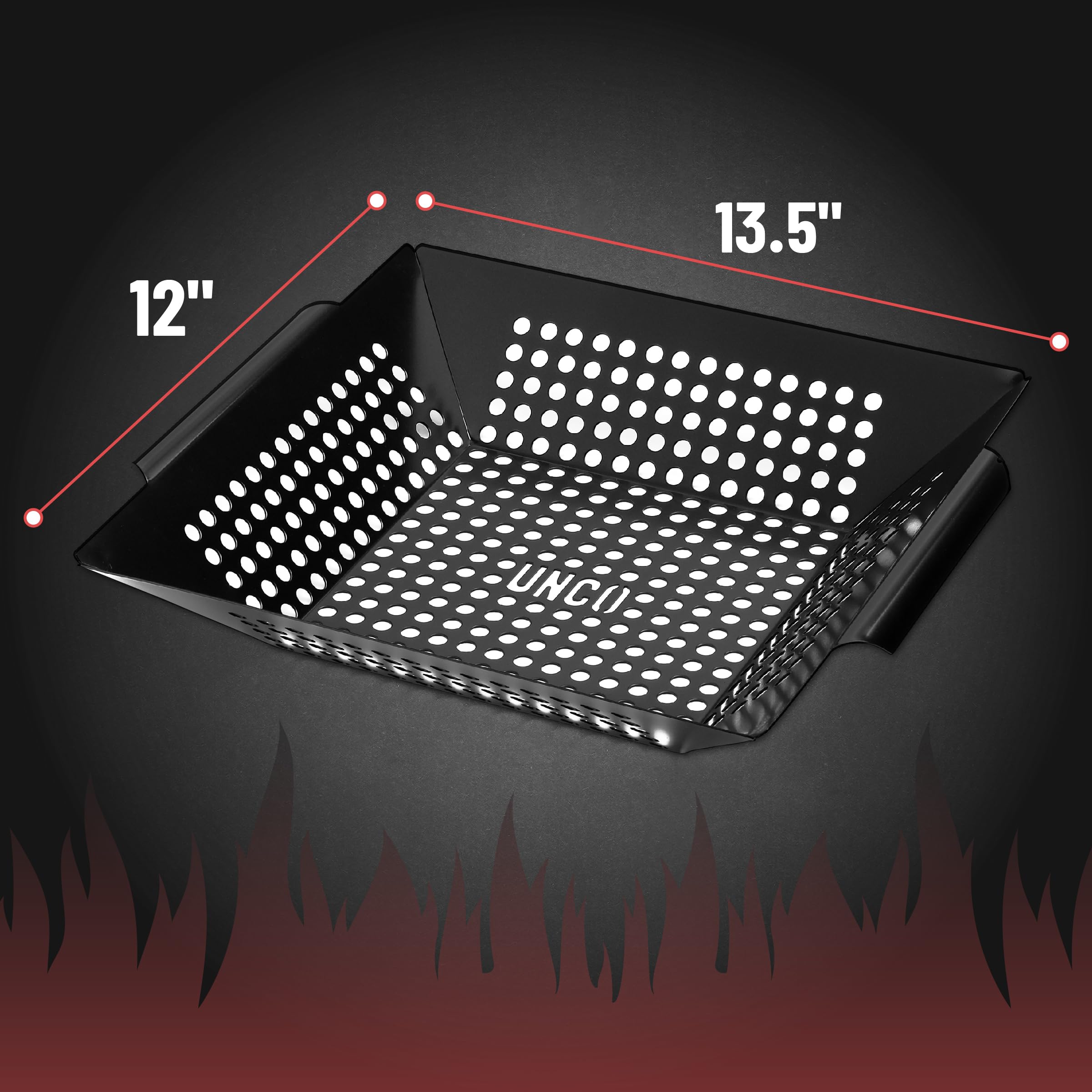 UNCO grill basket stainless construction used for high-heat grilling.