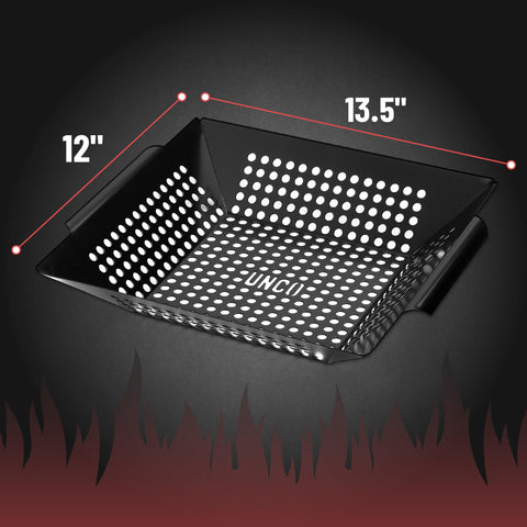 UNCO grill basket stainless construction used for high-heat grilling.