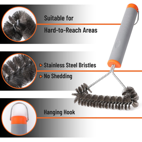 UNCO grill brush ergonomic non-slip handle offers secure grip.