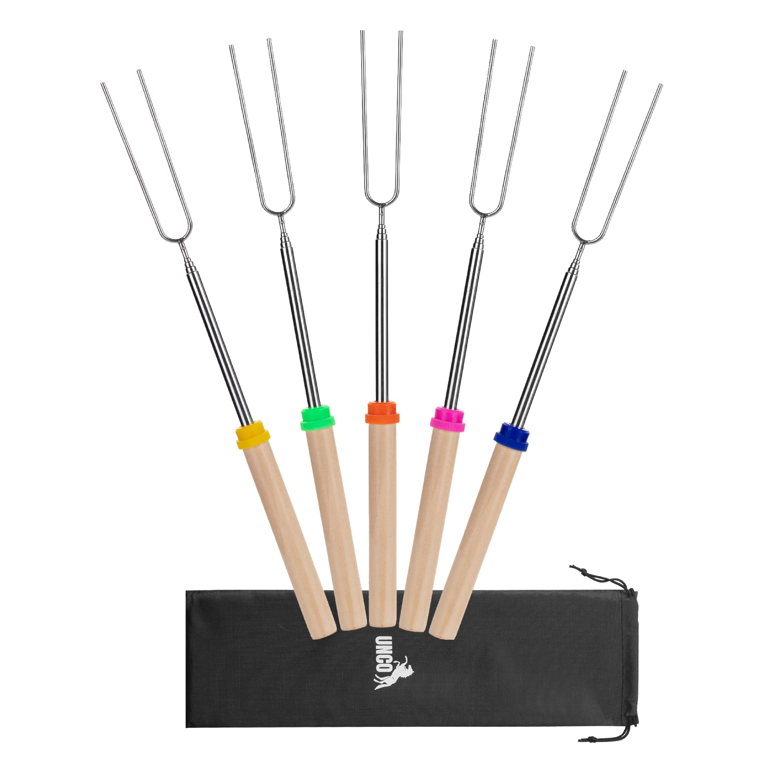 UNCO marshmallow roasting sticks extend to 32 inches for safer campfire cooking.