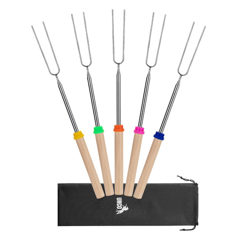 UNCO marshmallow roasting sticks extend to 32 inches for safer campfire cooking.