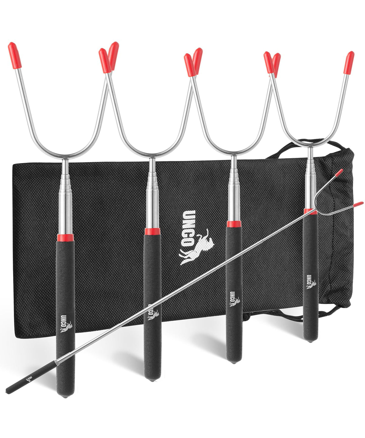 UNCO marshmallow roasting sticks set of four, extendable to 34 inches for safer campfire cooking.