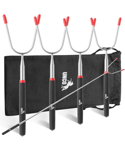 UNCO marshmallow roasting sticks set of four, extendable to 34 inches for safer campfire cooking.