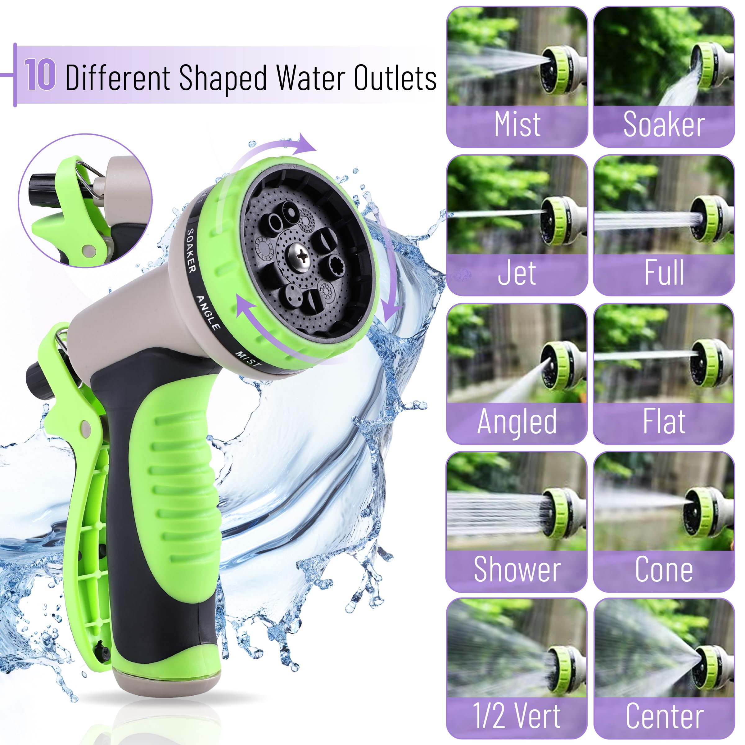 UNCO 10-function spray nozzle on a metal garden hose handles multiple tasks