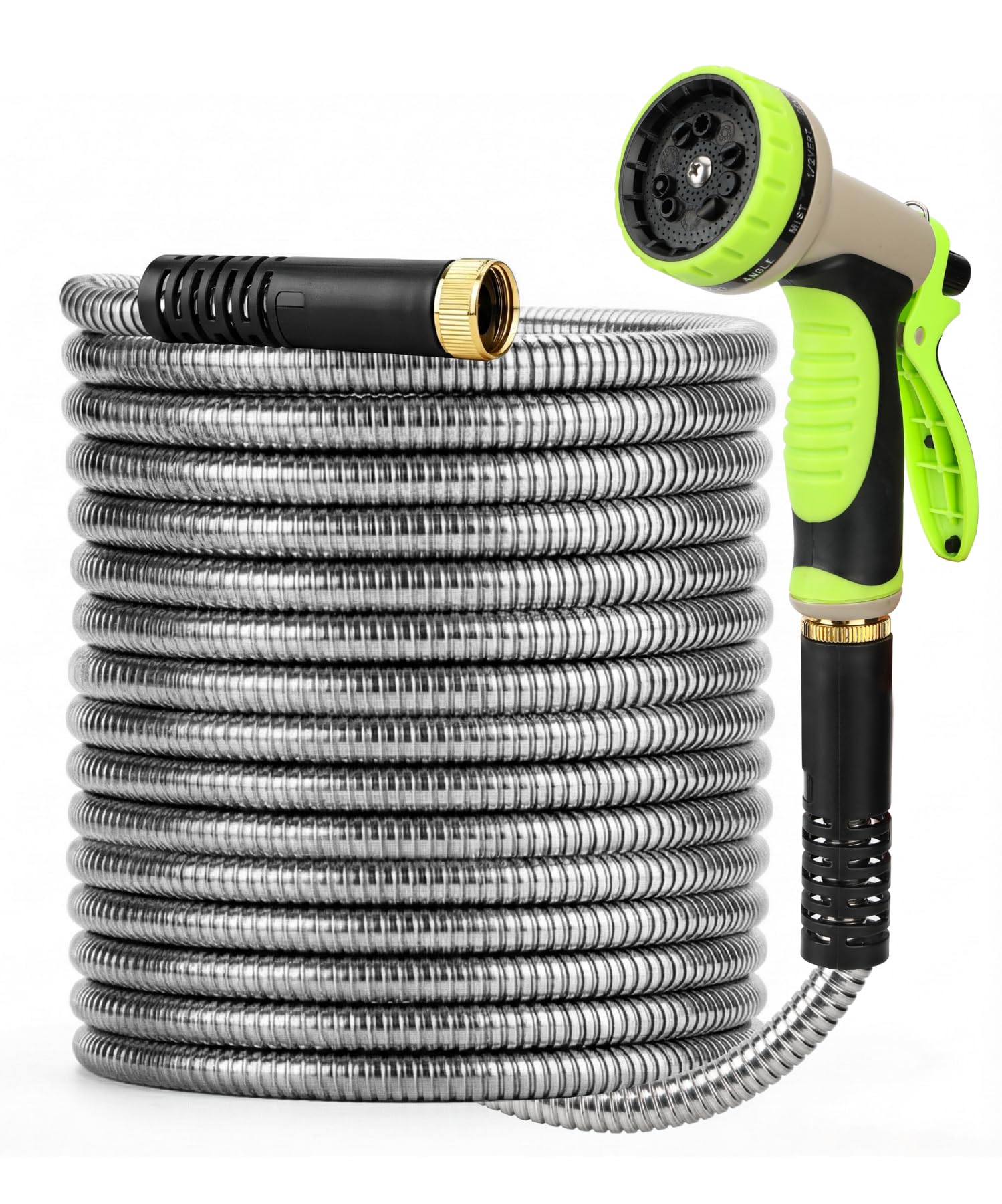 UNCO metal garden hose with no-kink design watering a lush lawn