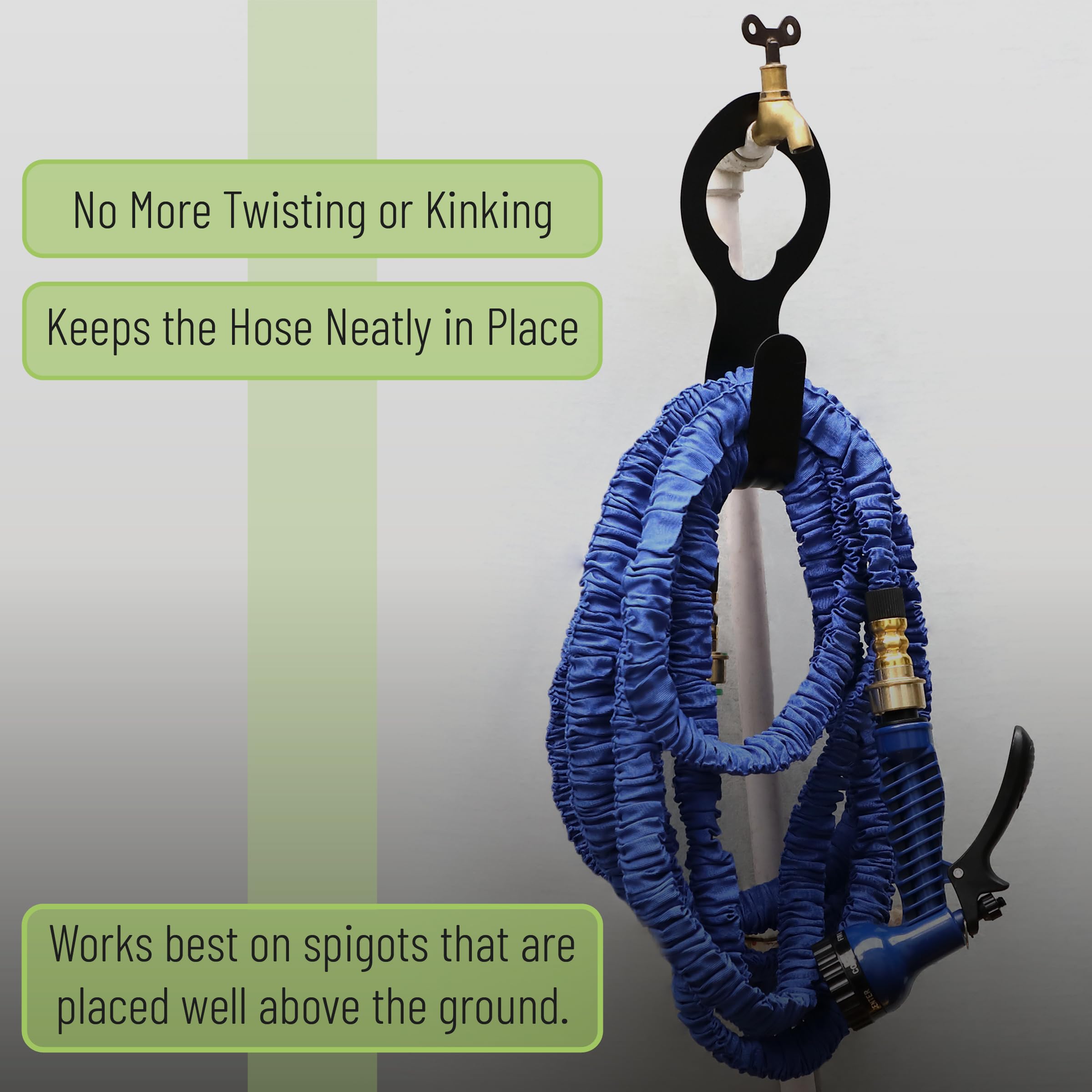 UNCO metal garden hose hanger on fence demonstrates tidy outdoor setup.