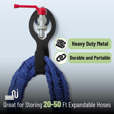 UNCO metal garden hose hanger rust resistant finish protects outdoor storage.
