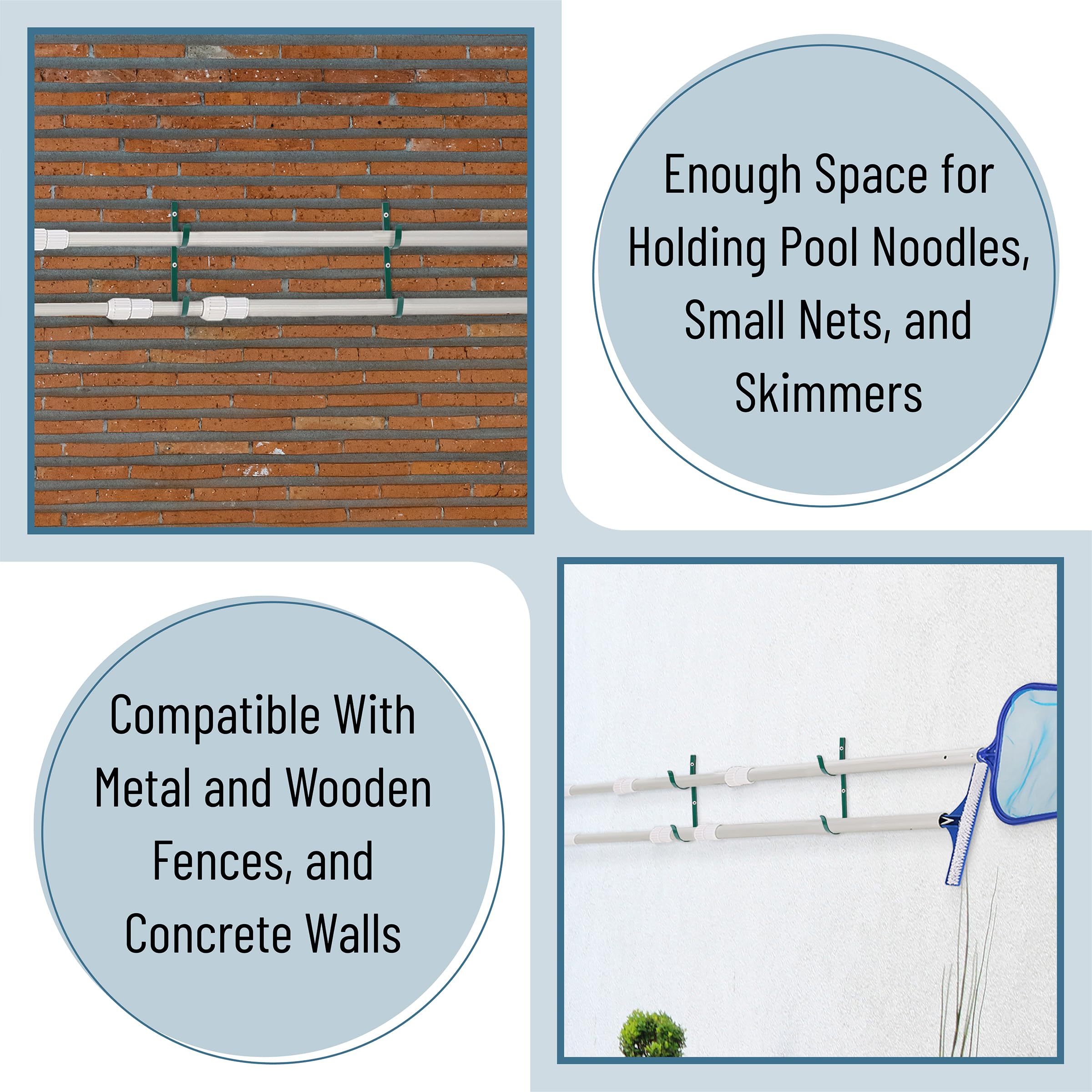 UNCO pool pole hanger black on fence enhances outdoor decor and storage.