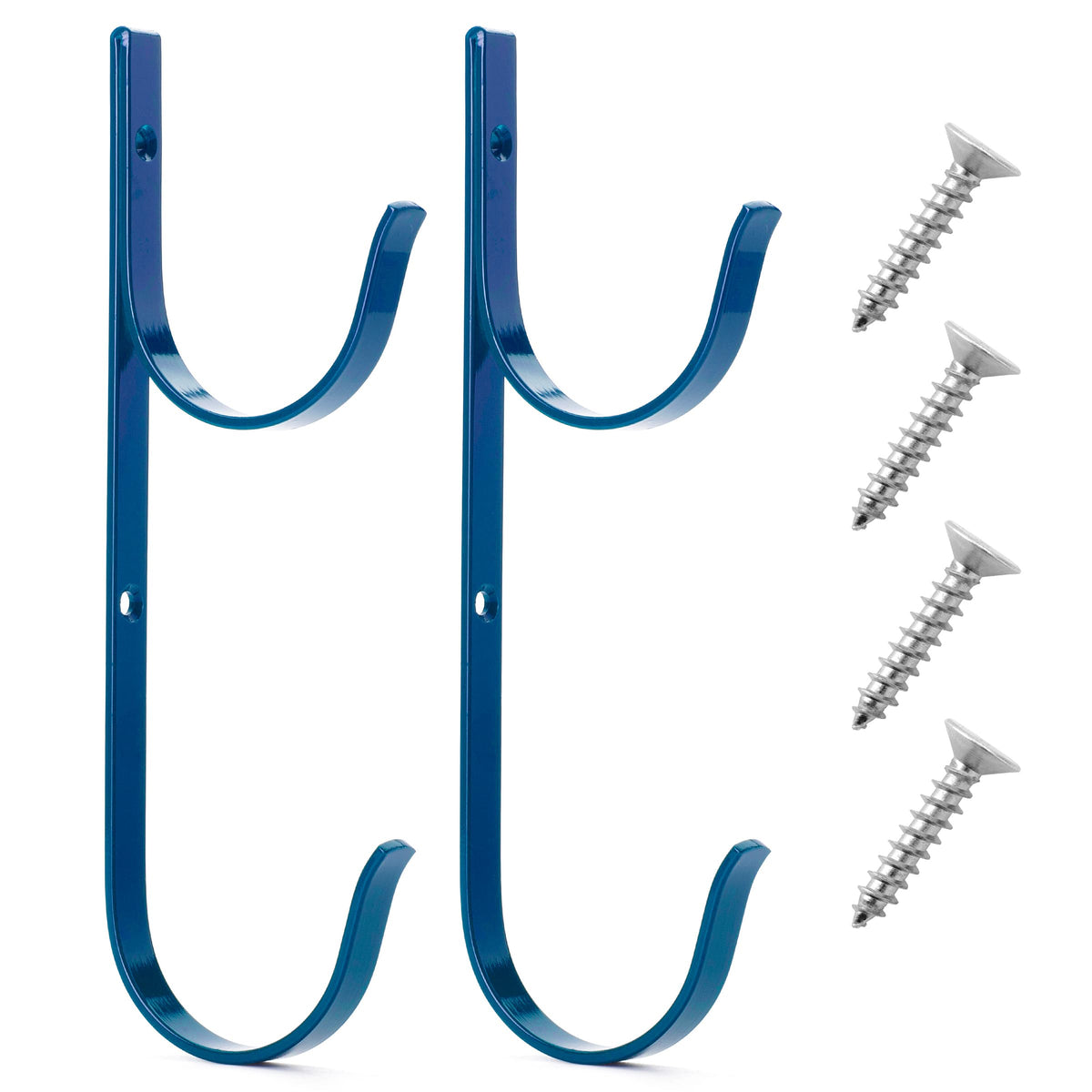 UNCO pool pole hanger blue mounted on fence keeps pool tools accessible.