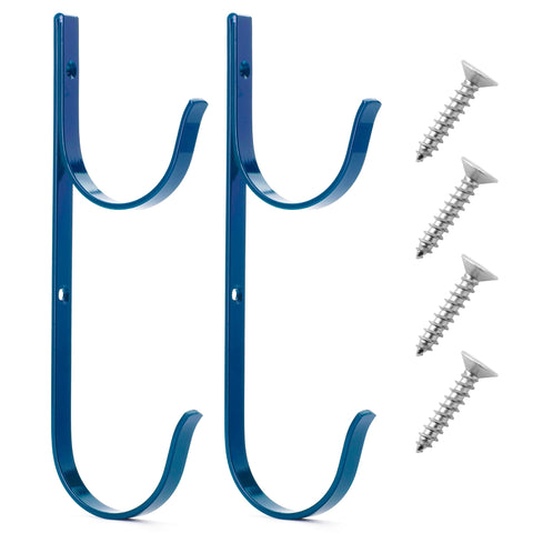 UNCO pool pole hanger blue mounted on fence keeps pool tools accessible.