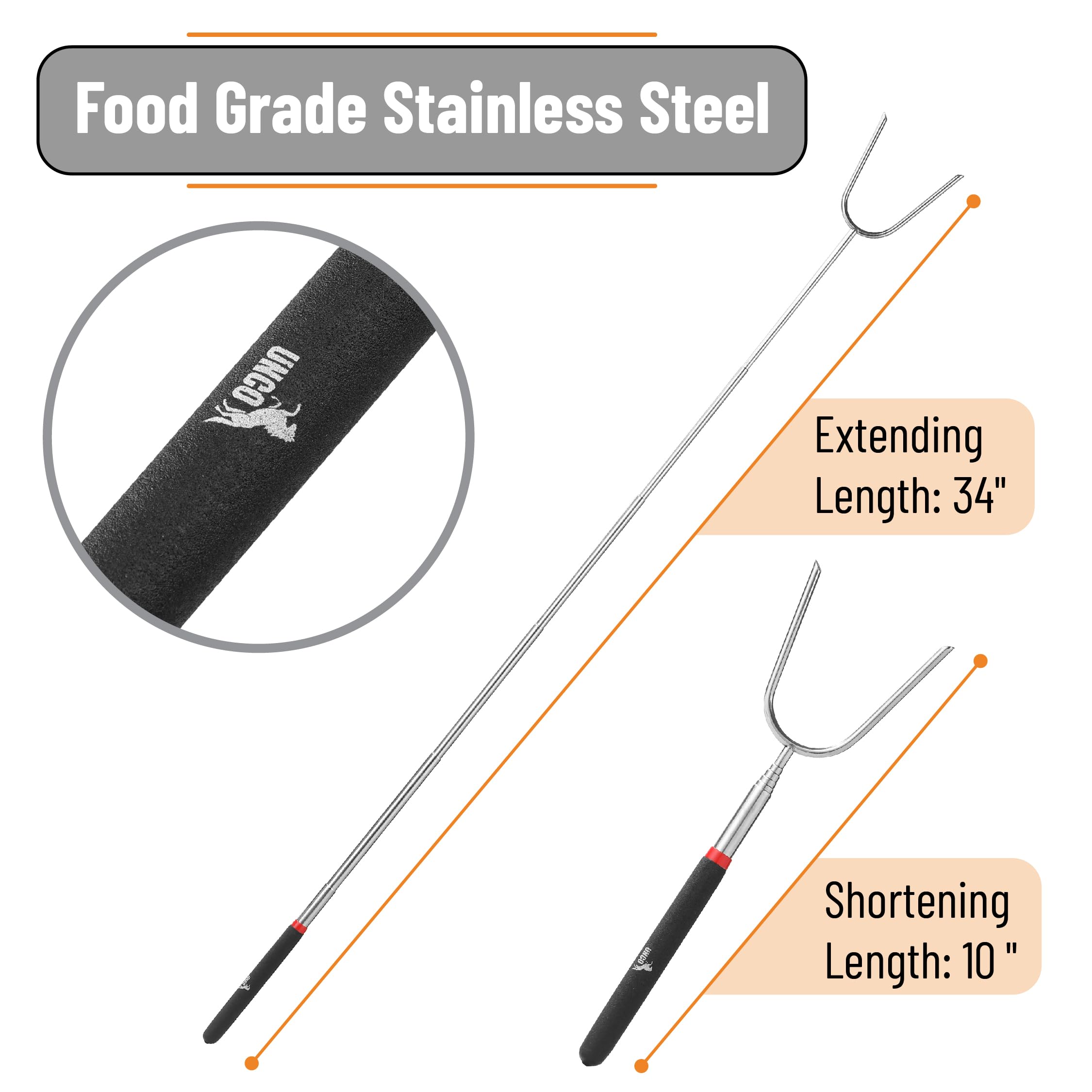 UNCO roasting sticks with insulated handles provide comfortable grip during long campfire sessions.