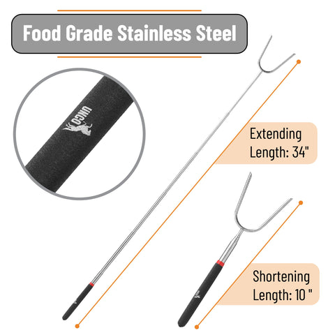 UNCO roasting sticks with insulated handles provide comfortable grip during long campfire sessions.