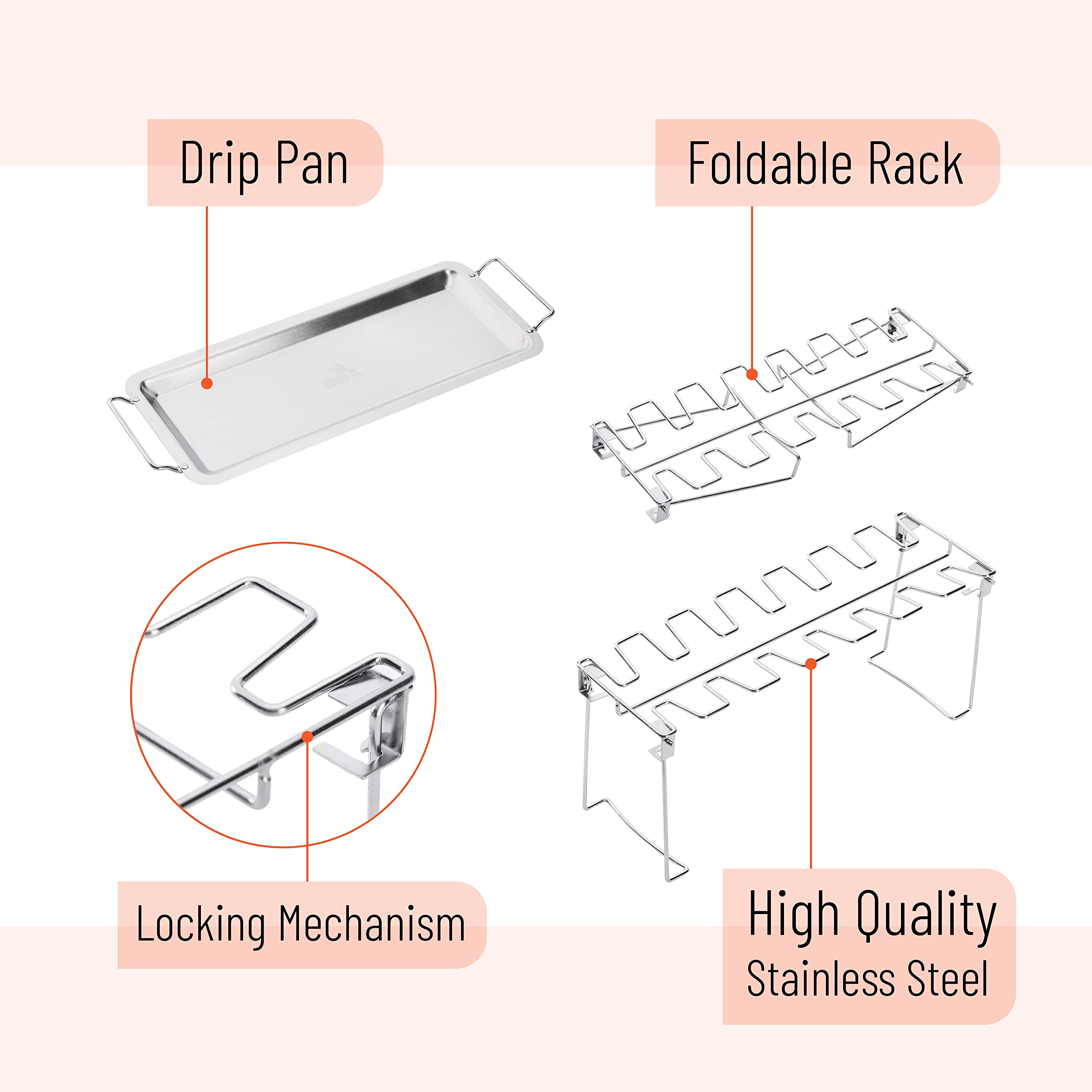 UNCO stainless steel rack fits oven, grill, smoker for high-heat use