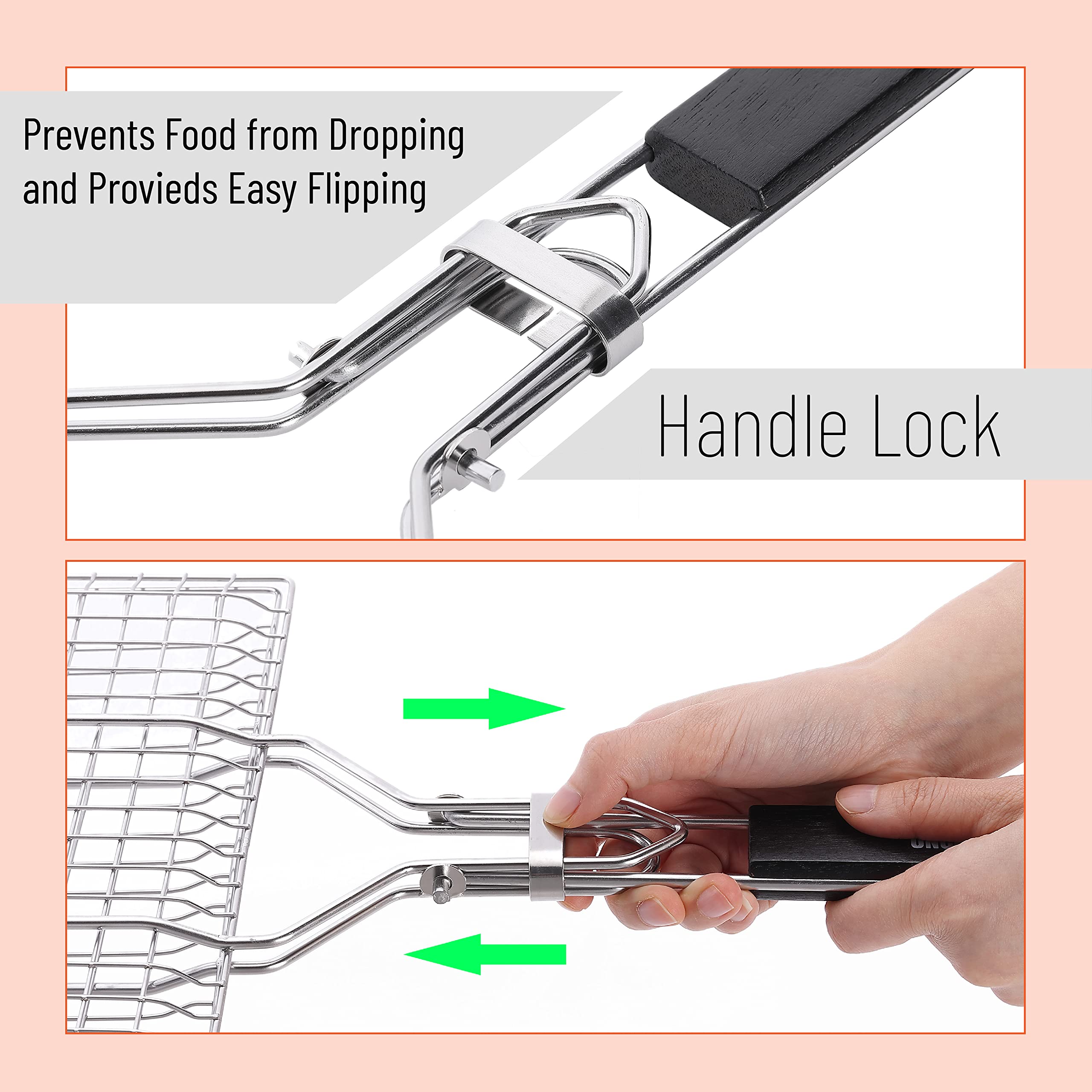 UNCO grill basket with burgers ready for a quick, confident flip