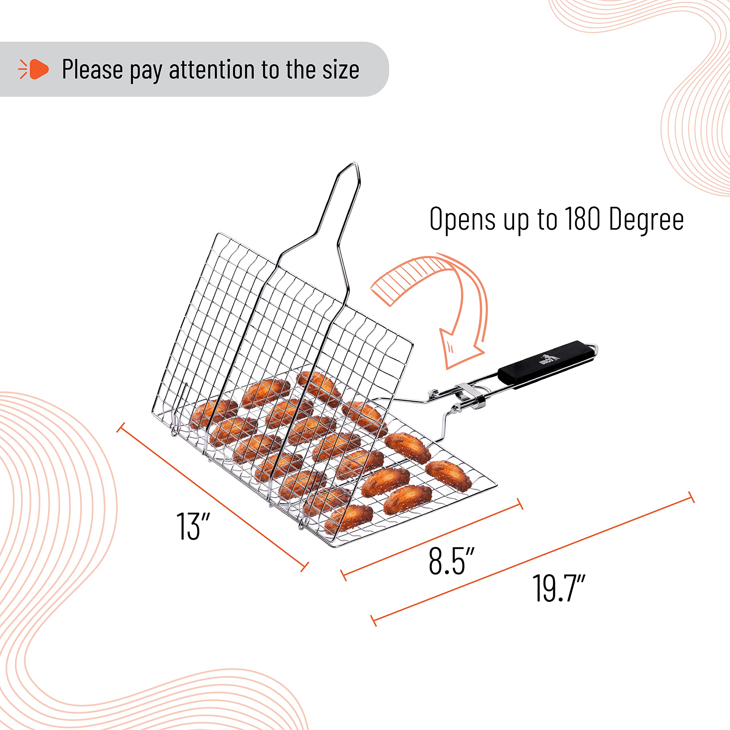 UNCO grill basket grid detail highlights gaps to prevent small pieces from falling