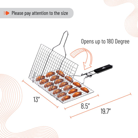 UNCO grill basket grid detail highlights gaps to prevent small pieces from falling