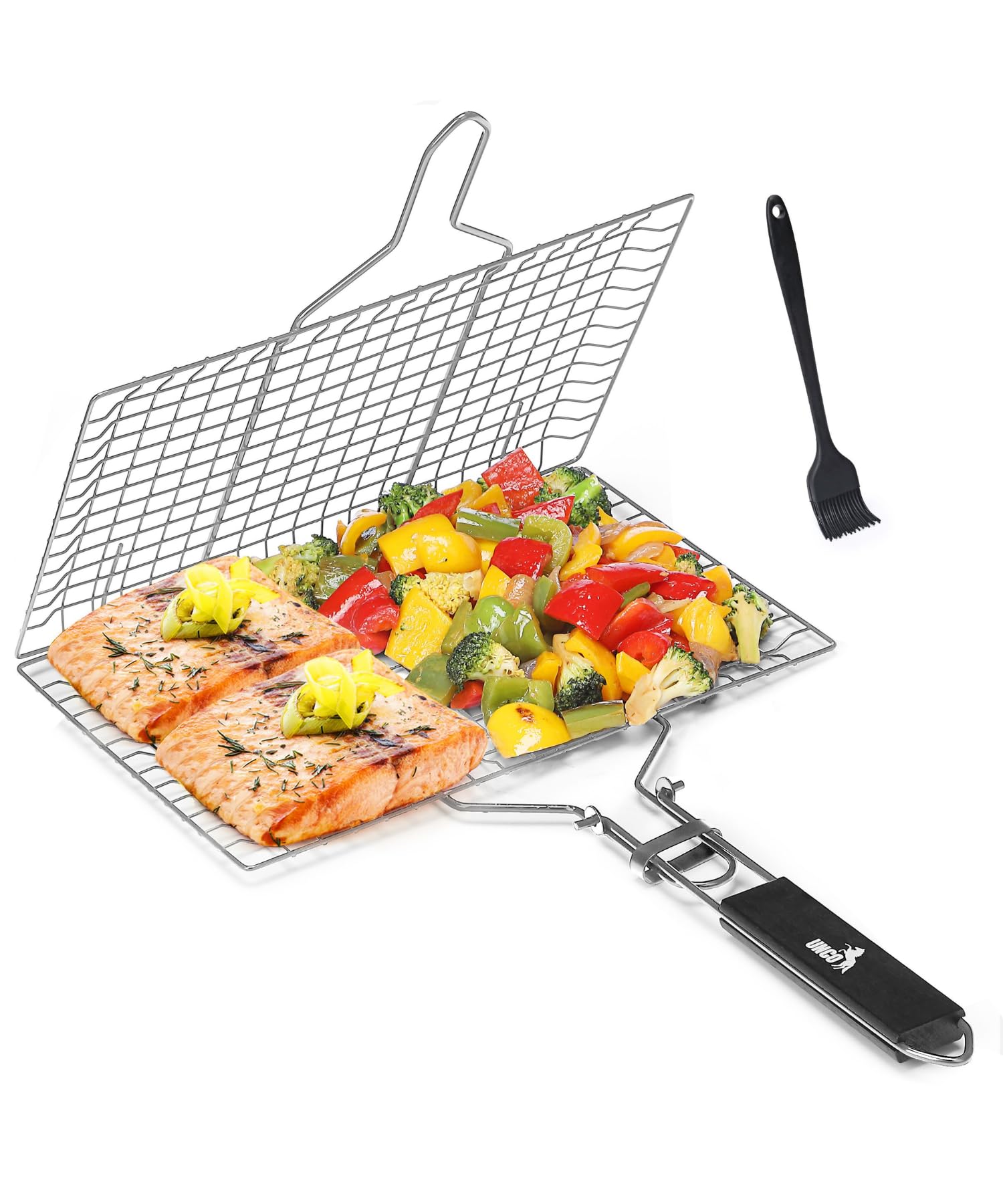 UNCO grill basket open view shows durable stainless steel for long-lasting grilling