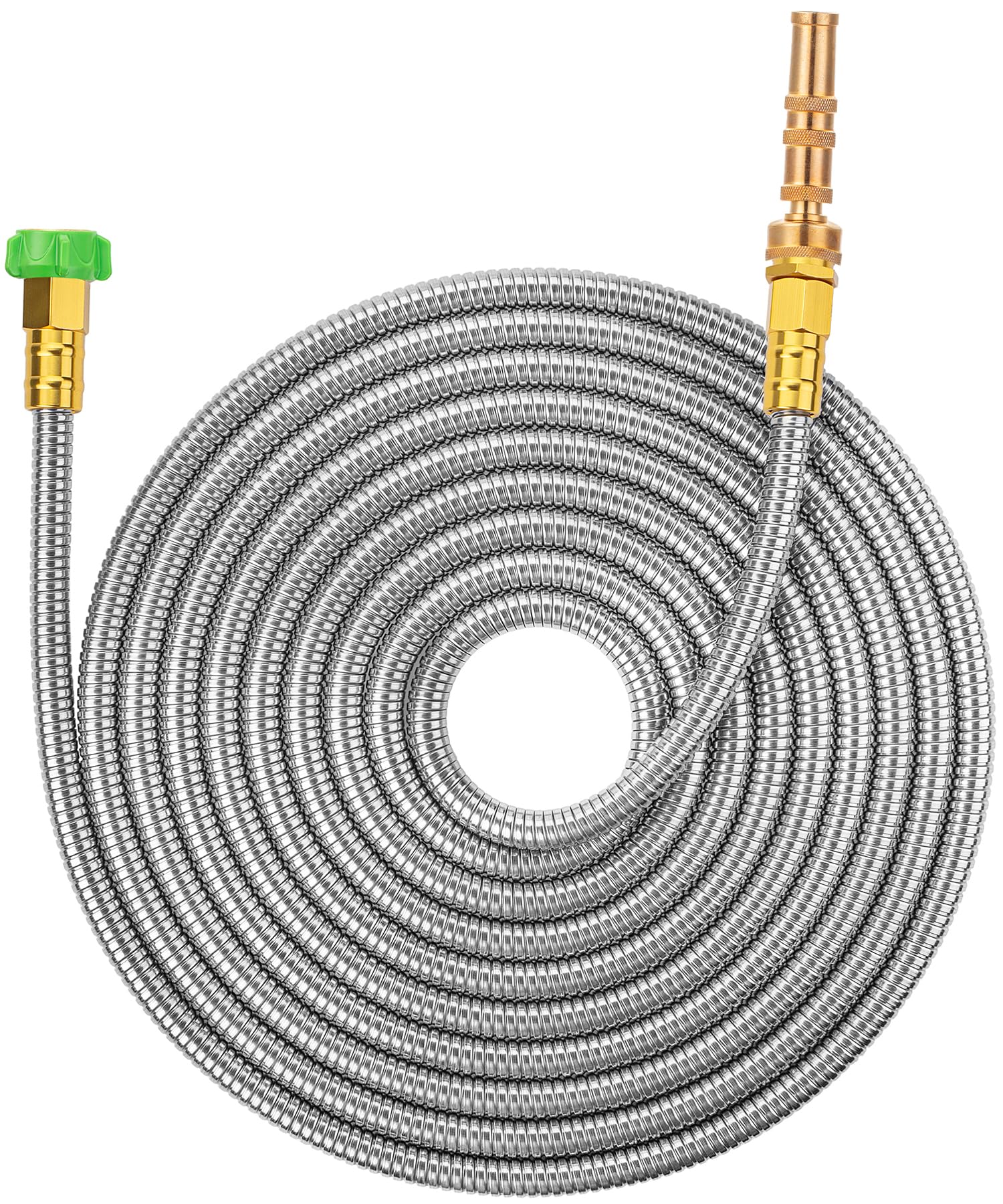 UNCO stainless steel garden hose at full 25-foot reach for wide lawns.
