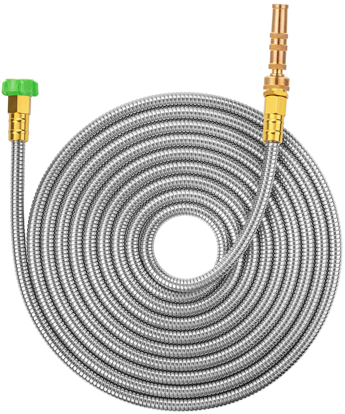 UNCO stainless steel garden hose at full 25-foot reach for wide lawns.
