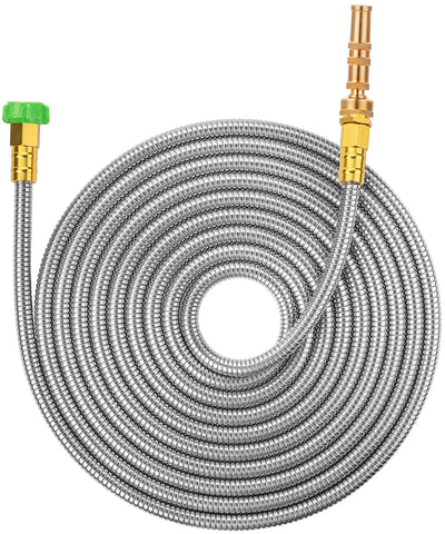 UNCO stainless steel garden hose at full 25-foot reach for wide lawns.
