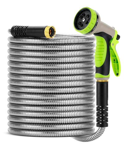 UNCO stainless-steel garden hose 50ft demonstrates durability and long reach for yard watering.