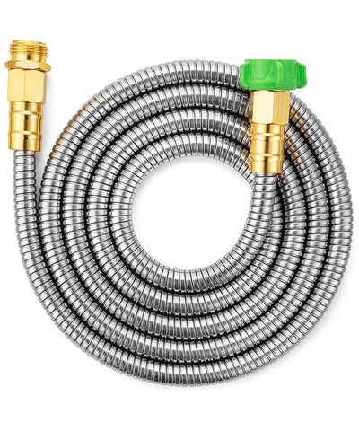 UNCO stainless steel garden hose coiled 8ft for easy storage and quick watering.