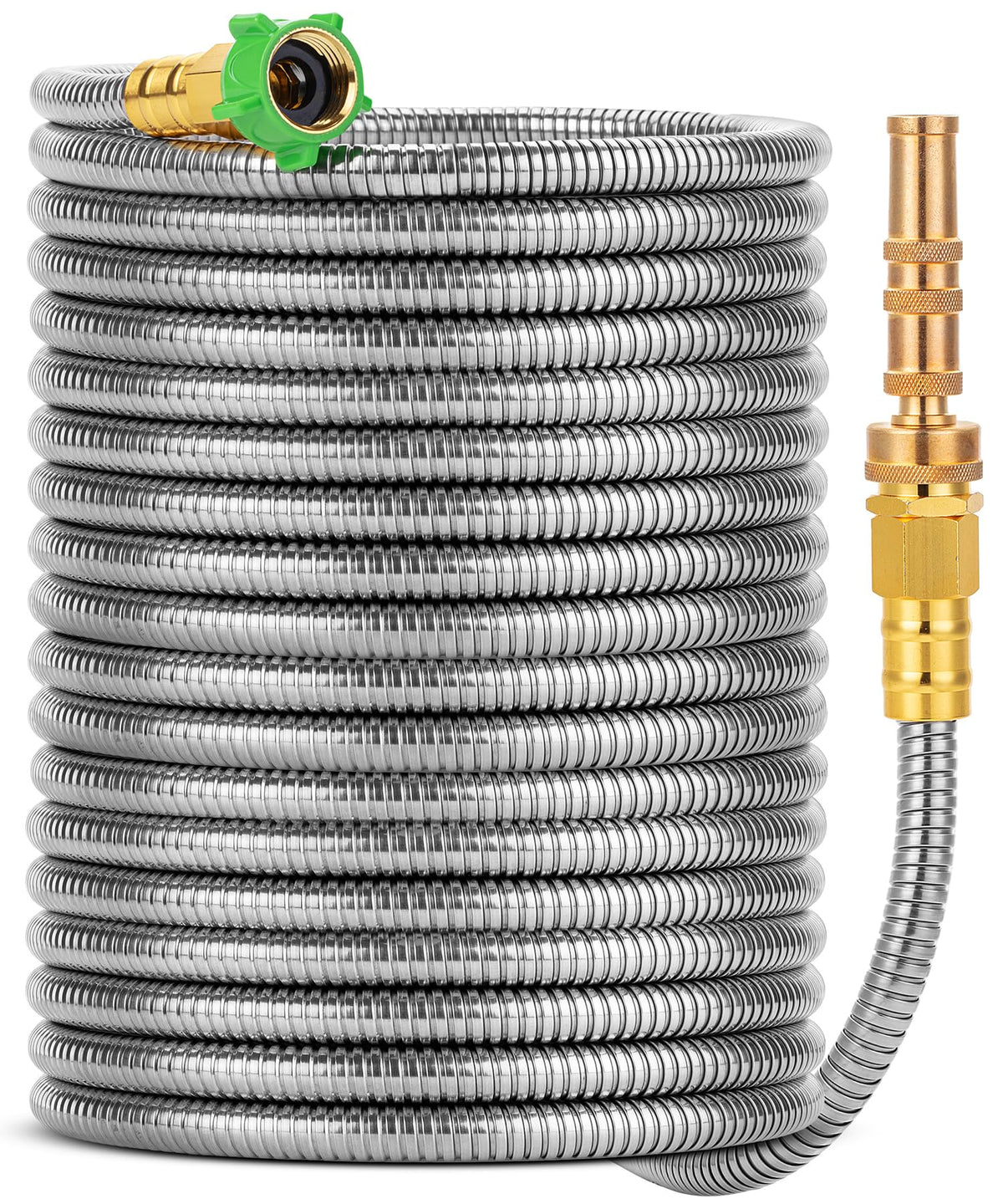 UNCO stainless steel hose extended to 75 feet for efficient outdoor watering.