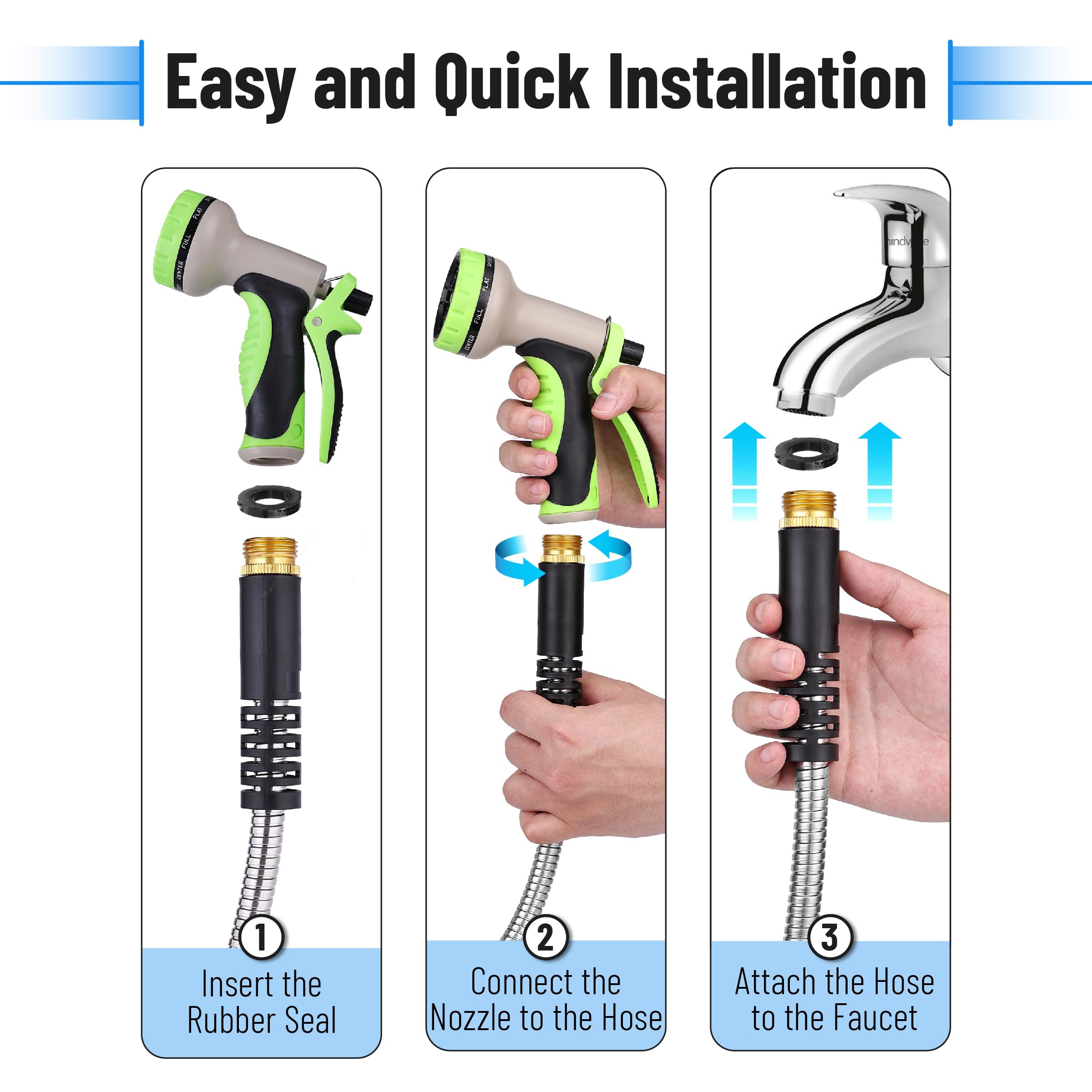 UNCO stainless-steel hose close-up highlights durable metal shell.