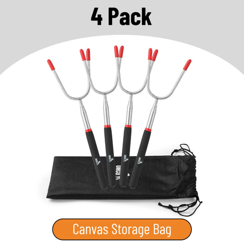 UNCO stainless steel roasting sticks with extendable design for versatile grilling over open flame.