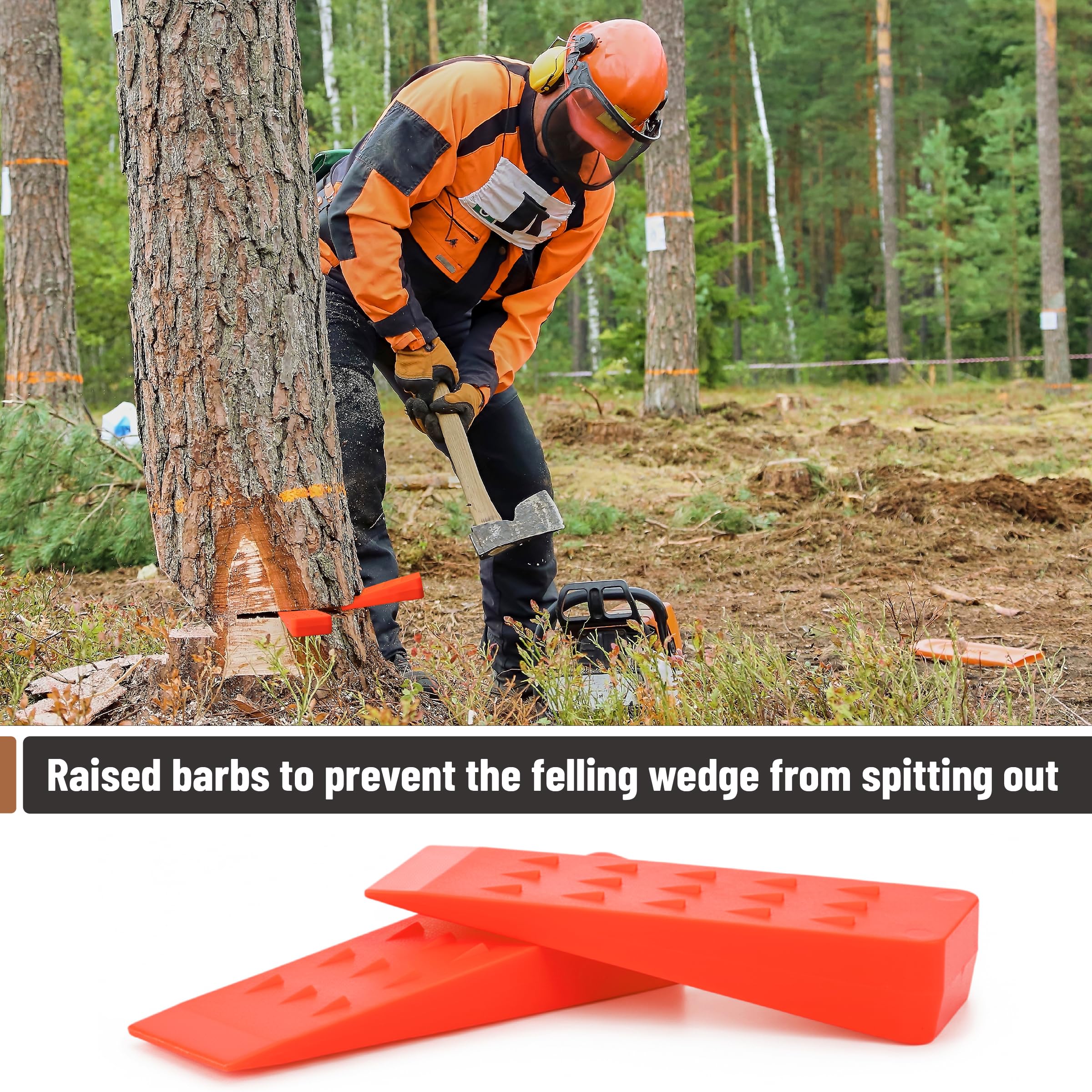 UNCO wedges' angled spikes secure grip on the tree trunk during setup.