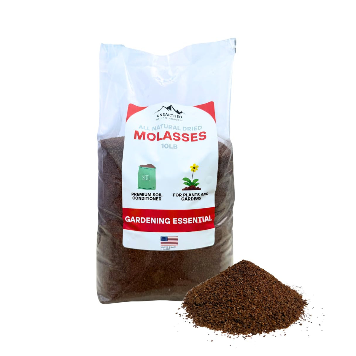 Unearthed Dried Molasses 10 lb bag exterior for farm storage and handling.
