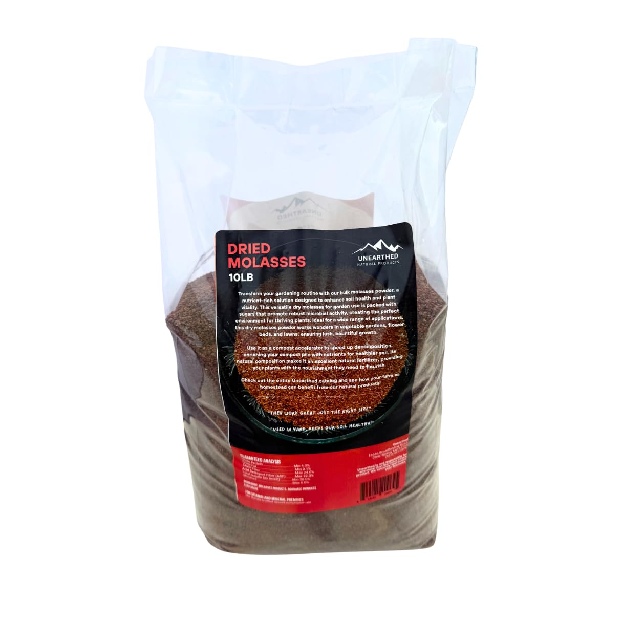Unearthed Dried Molasses bag with pour action showing simple feeding integration.