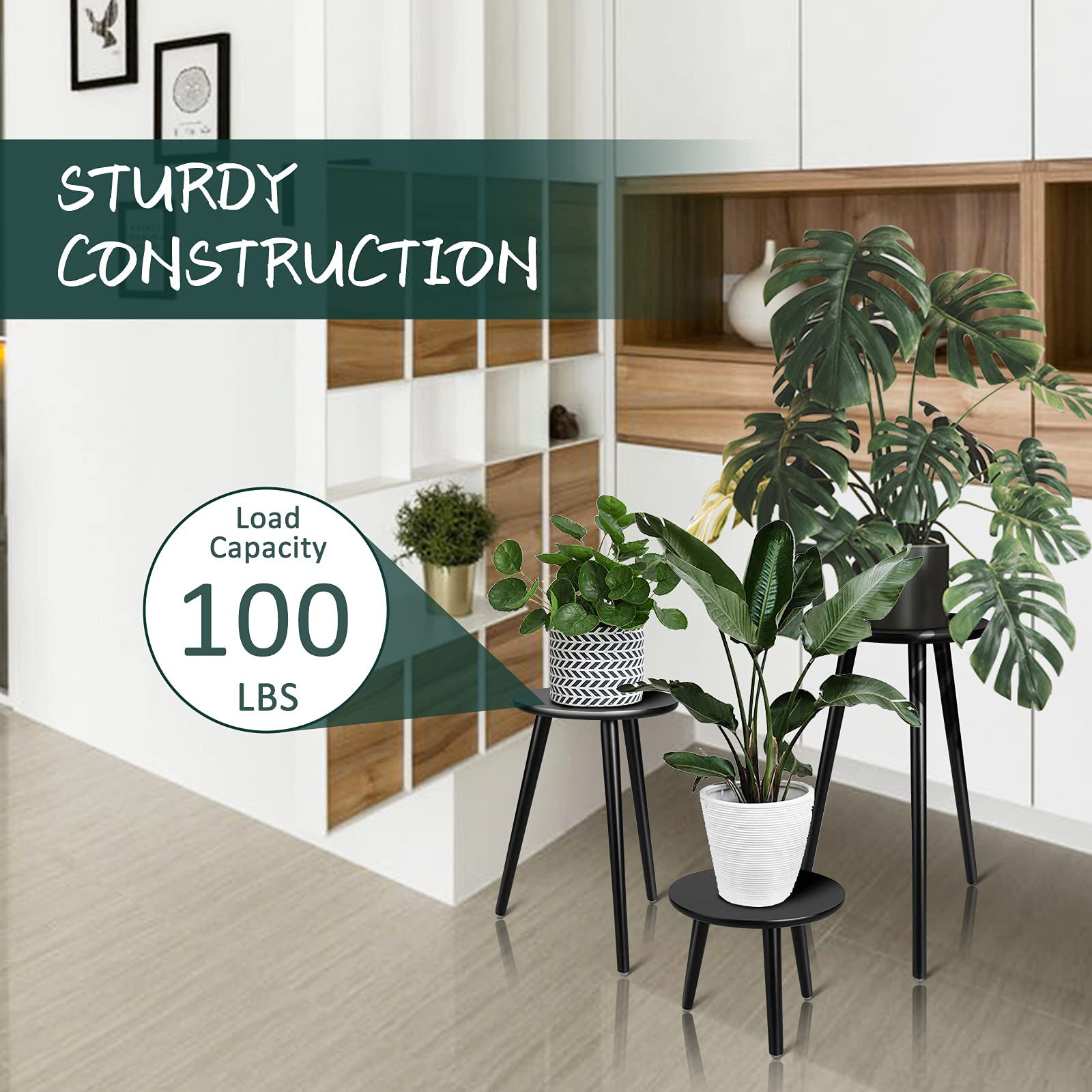 Uneedem sturdy triangle-base stand offers stability for heavier planters.