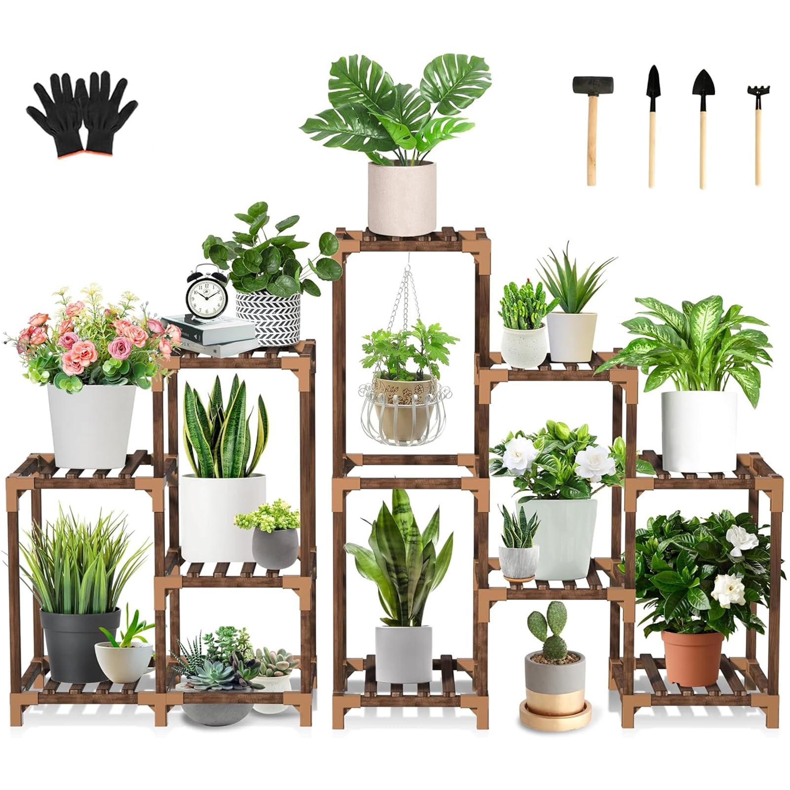 Uneedem wood plant stand corner shelf displaying multiple plants in a sturdy display