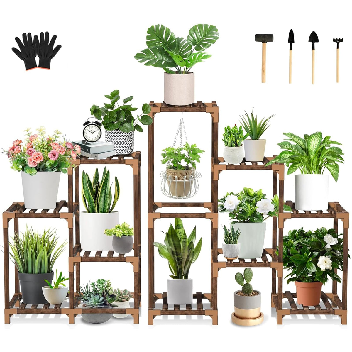Uneedem wood plant stand corner shelf displaying multiple plants in a sturdy display