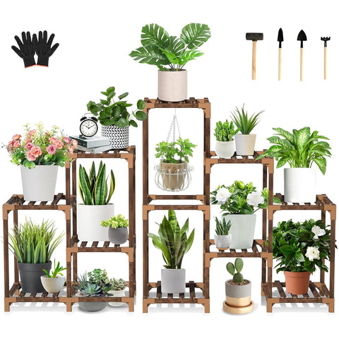 Uneedem wood plant stand corner shelf displaying multiple plants in a sturdy display