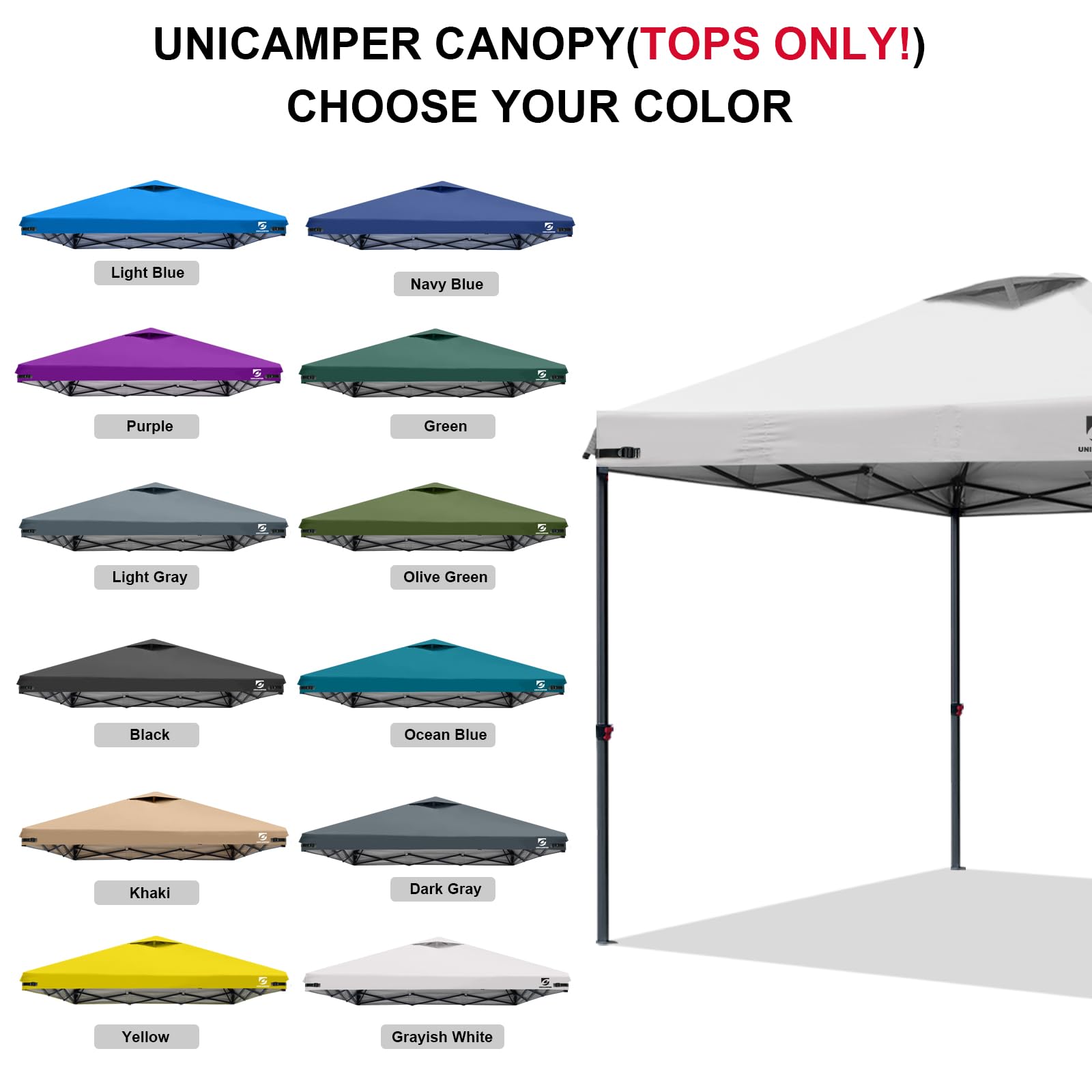 Unicamper easy-install canopy top with quick strap fastening for fast setup.