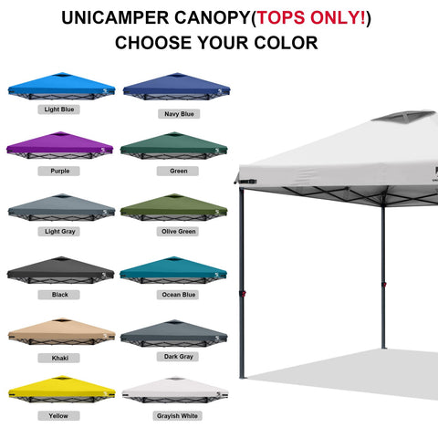 Unicamper easy-install canopy top with quick strap fastening for fast setup.