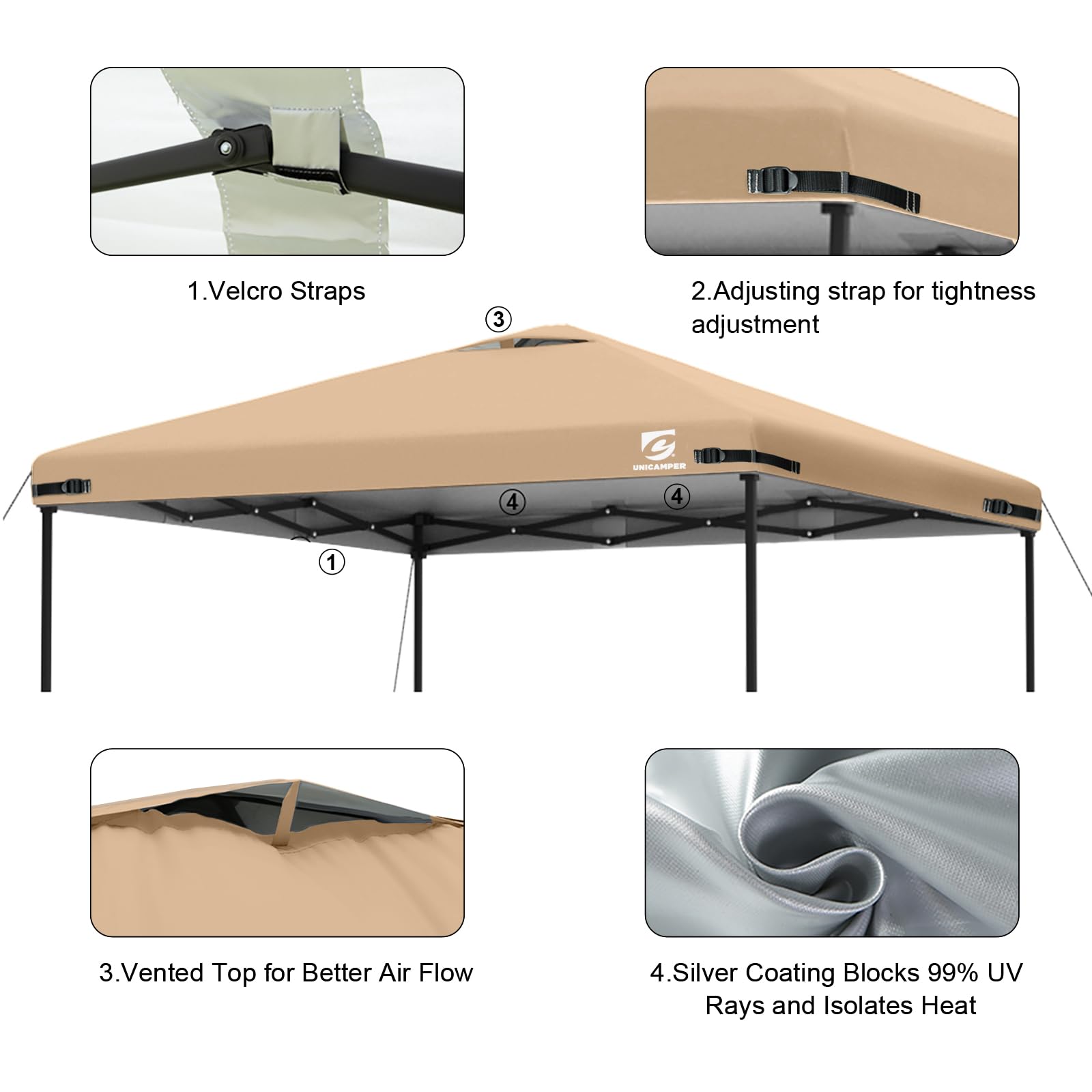 UNICAMPER canopy top installed on a straight-leg frame shows easy adjustment and secure fit