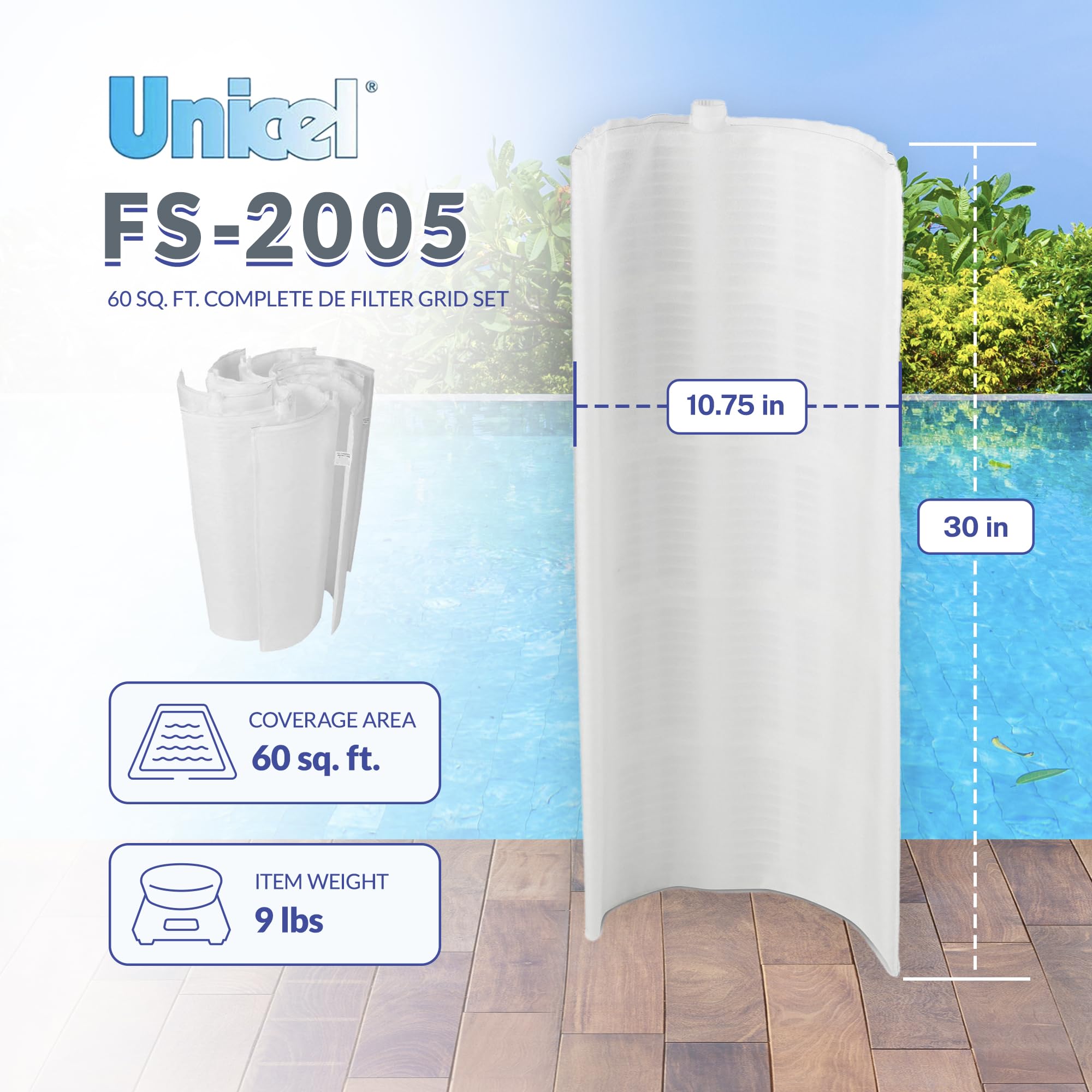 Unicel FS-2005 grid set side view showing compact dimensions for DE filter