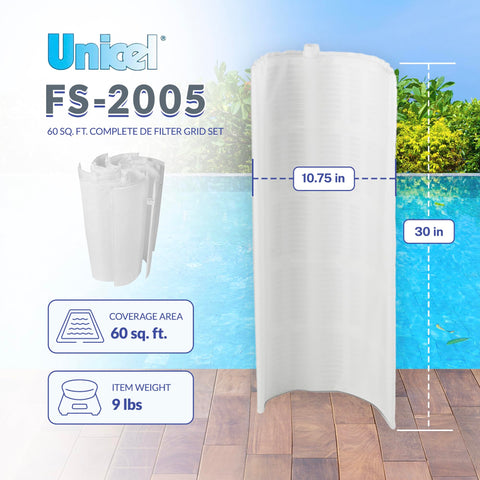 Unicel FS-2005 grid set side view showing compact dimensions for DE filter