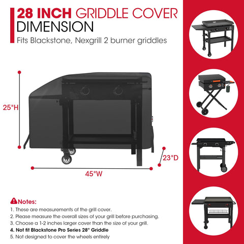 Unicook 28-inch griddle cover shows dimensions 45W x 23D x 25H for fit guidance.
