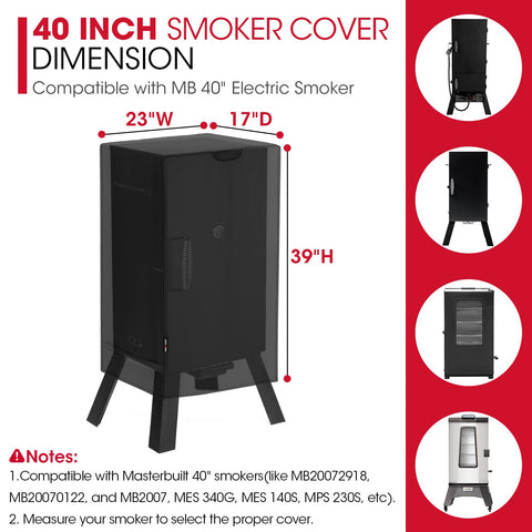 Unicook 40inch smoker cover side view with straps secures against wind.
