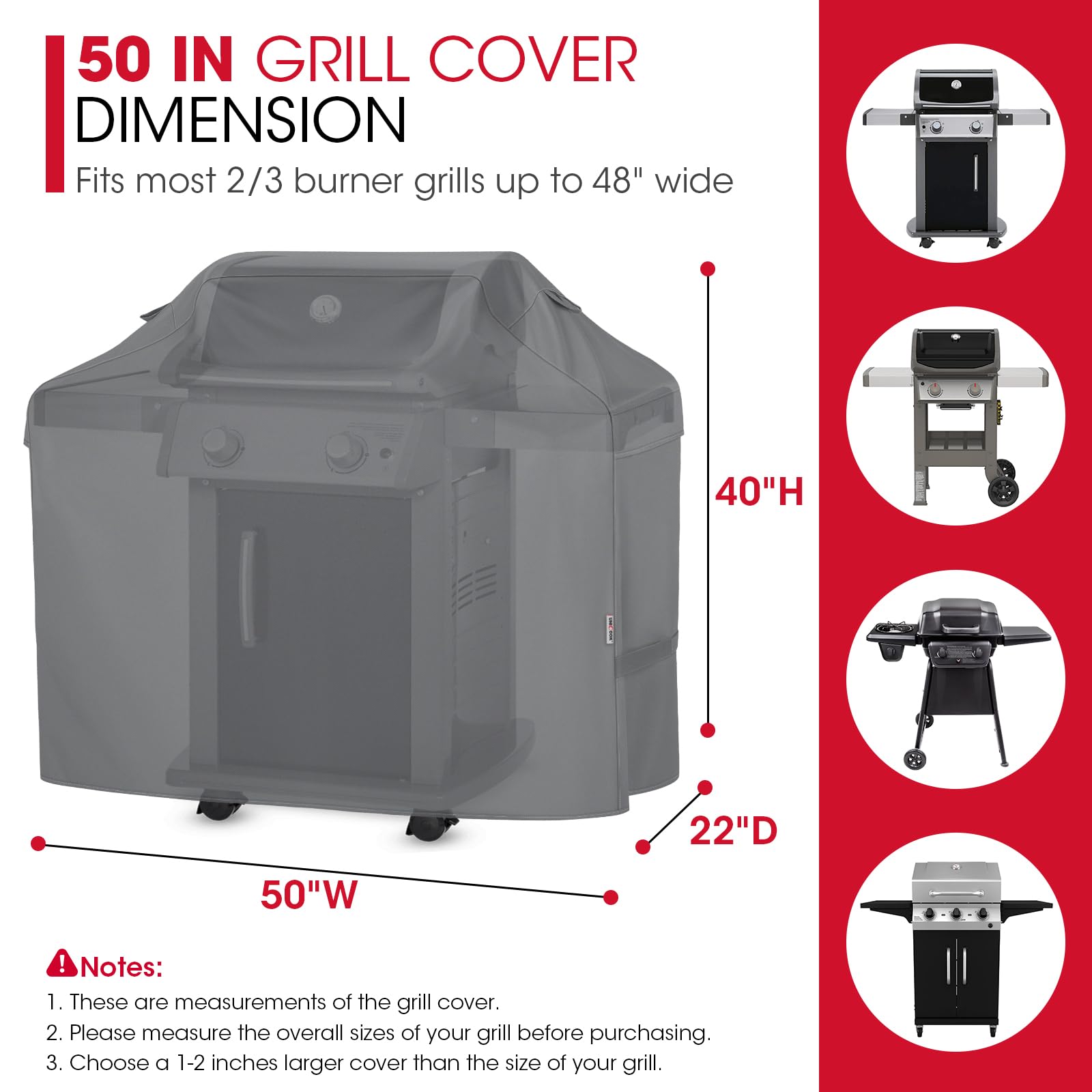 Unicook 50 inch grill cover side view shields against weather while staying snug.