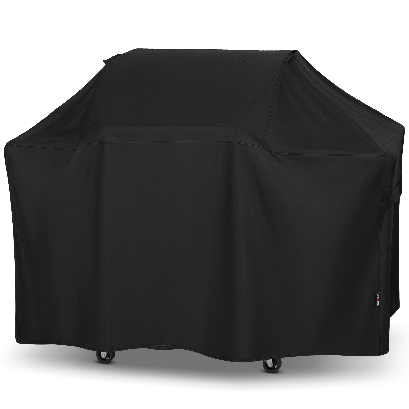Unicook 63 inch grill cover on Weber Genesis 300, front view protects from sun and rain.